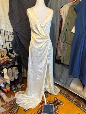 BCBG Ivory Satin Wrap Wedding Gown with Side Slit
